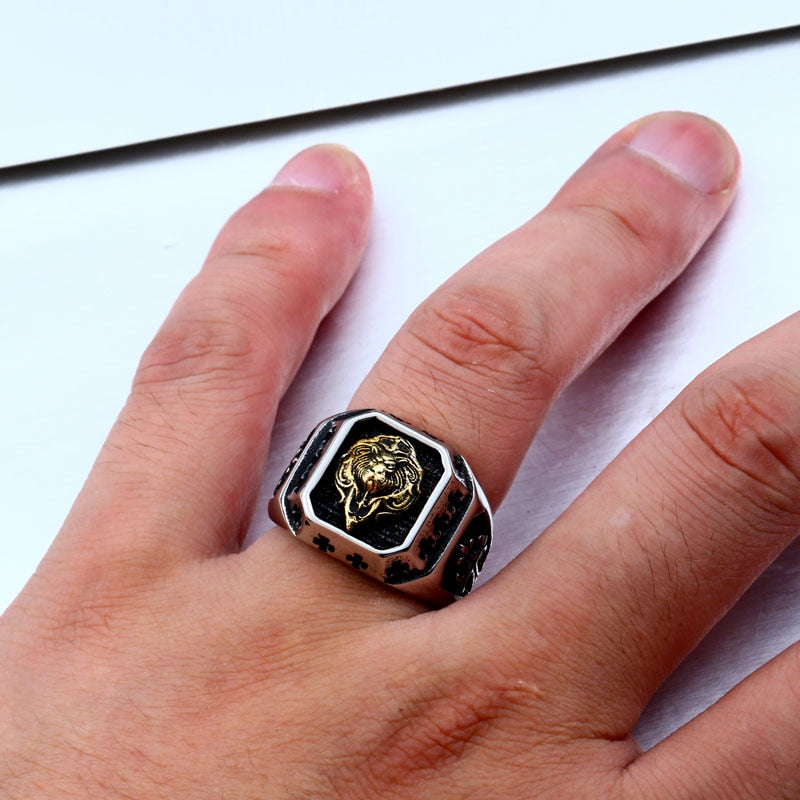 Plated-Gold Lion Head  Ring